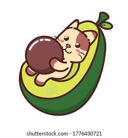 Cute Adorable Happy Brown Cat Eat Big Avocado cartoon doodle vector illustration flat design style