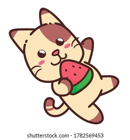 Cute Adorable Happy Brown Cat Eat Watermelon cartoon doodle vector illustration flat design style