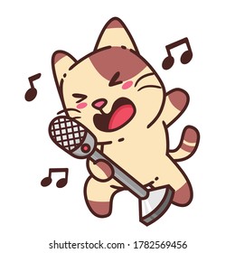 Cute Adorable Happy Brown Cat Sing Karaoke Cartoon Doodle Vector Illustration Flat Design Style