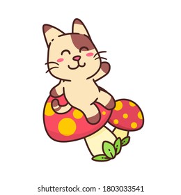Cute Adorable Happy Brown Cat Fantasy Sit on Red Magic Mushroom cartoon doodle vector illustration flat design style