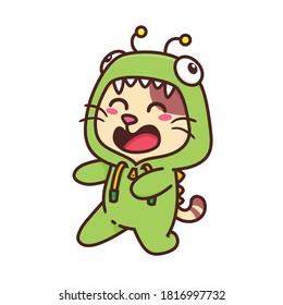 Cute Adorable Happy Brown Cat Dinosaur Green Costume Character cartoon doodle vector illustration flat design style