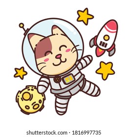 Cute Adorable Happy Brown Cat Fly Astronaut Space Character cartoon doodle vector illustration flat design style