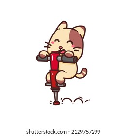 Cute Adorable Happy Brown Cat play pogo stick cartoon doodle vector illustration flat design style