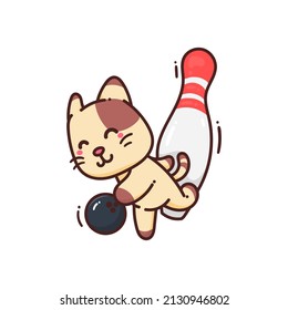 Cute Adorable Happy Brown Cat bowling ball sport cartoon doodle vector illustration flat design style