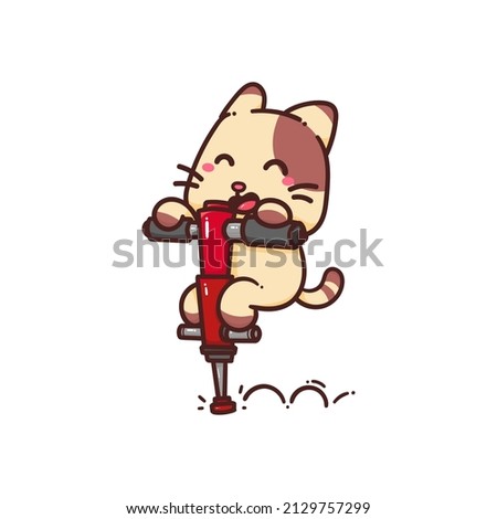 Cute Adorable Happy Brown Cat play pogo stick cartoon doodle vector illustration flat design style