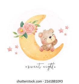 cute adorable happy smile baby teddy bear on the floral crescent, sweet night,nursery animal cartoon hand drawn watercolor vector