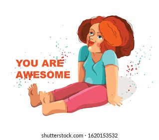 Cute adorable happy woman sitting barefoot on a ground isolated on white, be happy concept vector illustration, feel awesome and special.