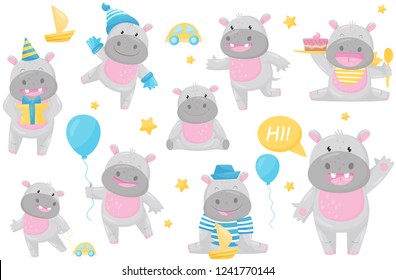 Cute adorable hippo in different situations set, lovely happy smiling behemoth animal cartoon character vector Illustration