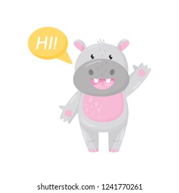 Cute adorable hippo saying Hi and waving his hand, lovely behemoth animal cartoon character vector Illustration