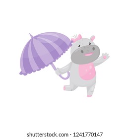 Cute adorable hippo walking with umbrella, lovely behemoth animal cartoon character vector Illustration