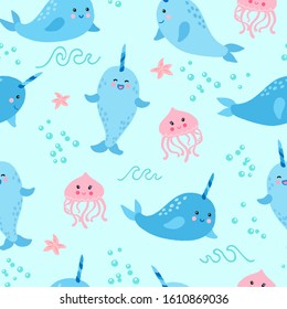 Cute adorable kawaii allover seamless repeat pattern with happy narwhals, jellyfish, starfish and bubbles on a soft aqua turquoise background. Great for baby and kids' projects!