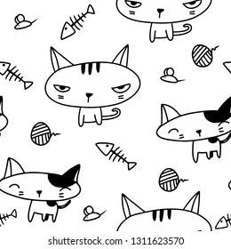 Cute adorable kawaii black and white cat kitten angry and happy sketch thin line cartoon doodle style seamless pattern background wallpaper vector eps10