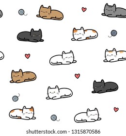 Cute adorable kawaii breed cat kitten lay down sleeping with heart on white seamless pattern background wallpaper vector eps10