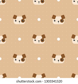 Cute adorable kawaii brown dog puppy head cartoon doodle style with dot seamless pattern background wallpaper vector eps10