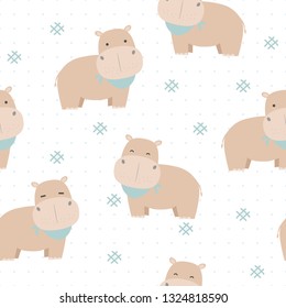 Cute adorable kawaii brown hippopotamus cartoon doodle on white background wallpaper seamless pattern vector eps10