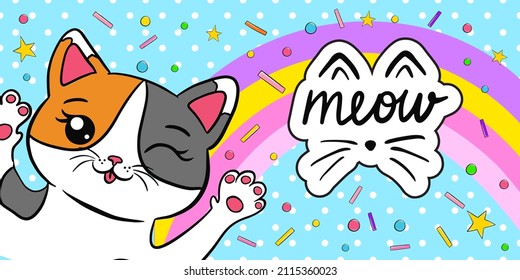 Cute Adorable Kawaii Cat vector banner, trendy background