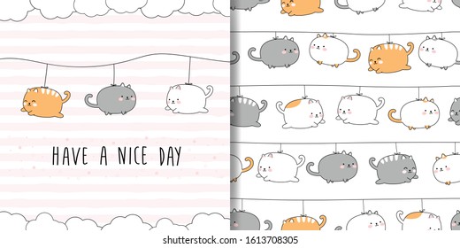 Cute adorable kawaii chubby cat hanging cartoon doodle seamless pattern background wallpaper and card bundle. can use for nursery or wrapping paper or print on product. vector eps10