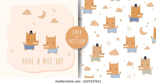 Cute adorable kawaii fox dog cartoon doodle seamless pattern and card bundle background wallpaper. can use for nursery or wrapping paper or print on product. vector eps10