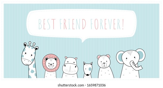 Cute Adorable Kawaii Giraffe Lion Hippopotamus Dog Bear Elephant Wildlife Animal Cartoon Doodle Background Wallpaper Cover