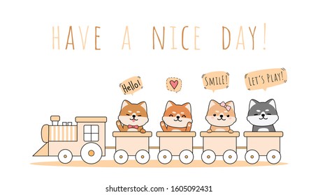 Cute adorable kawaii japanese dog shiba inu riding train greeting cartoon doodle background wallpaper. Can use for nursery or print on product. Vector eps10