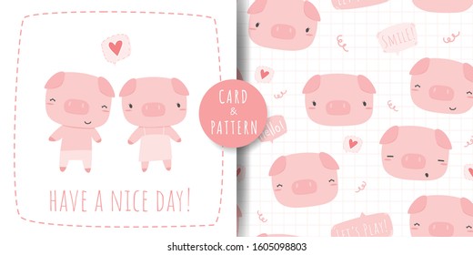 Cute adorable kawaii little pig couple lover cartoon doodle seamless pattern and card bundle background wallpaper. Can use for nursery or print on product. Vector eps10