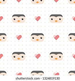 Cute adorable kawaii penguin head cartoon doodle on white background with dot and heart wallpaper seamless pattern vector eps10