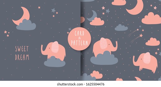 Cute Adorable Kawaii Pink Elephant in Night Sky with Cloud and Stars Cartoon Doodle Seamless Pattern Background Wallpaper and Card Bundle