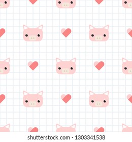 Cute adorable kawaii pink and light blue pig head cartoon doodle style with grid seamless pattern background wallpaper vector eps10