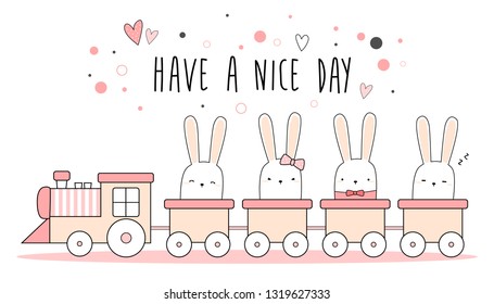 Cute adorable kawaii rabbit bunny riding train toy cartoon doodle background wallpaper pastel color vector eps10