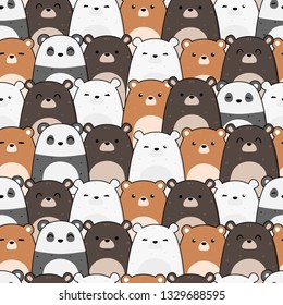 Cute adorable kawaii teddy bear panda polar and grizzly cartoon doodle seamless pattern pastel background wallpaper vector eps10