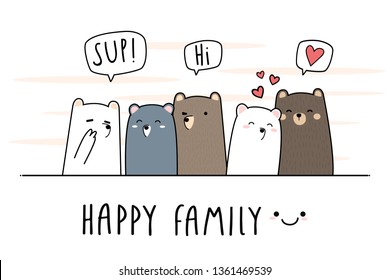 Cute Adorable Kawaii Teddy Bear Family Greeting Cartoon Doodle Background Wallpaper Banner Cover Vector Eps10