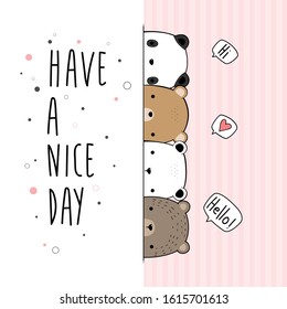 Cute adorable kawaii teddy bear polar panda grizzly greeting card cartoon doodle background wallpaper. can use for nursery or print on product. vector eps10