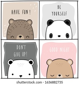 Cute Adorable Kawaii Teddy Bear Polar Panda Grizzly Cartoon Doodle Quote Card Vector Eps10