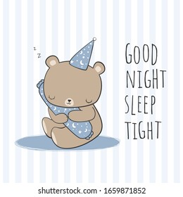 Cute Adorable Kawaii Teddy Bear Holding a Bolster while Sleeping with Good Night Sleep Tight Quote on Blue and White Stripe Background Cartoon Doodle Style