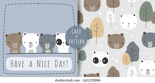 Cute Adorable Kawaii Teddy Polar Grizzly Panda Bear Cartoon Doodle Pattern And Card Bundle Background Wallpaper Vector Eps10