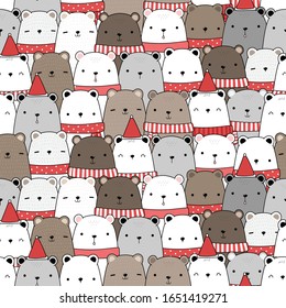 Cute Adorable Kawaii Teddy Polar Grizzly Bear Cartoon Doodle Seamless Pattern Background Wallpaper Vector Eps10