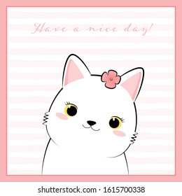 Cute adorable kawaii white chubby cat smiling cartoon doodle on pink striped background wallpaper card. can use for nursery or print on product. vector eps10