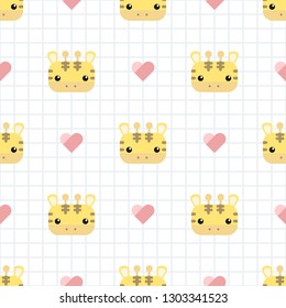 Cute adorable kawaii yellow giraffe head cartoon doodle style with grid seamless pattern background wallpaper vector eps10