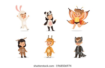 Cute Adorable Kids Wearing Animal Costumes Set, Rabbit, Panda, Butterfly, Deer, Giraffe, Raccoon Cartoon Vector Illustration