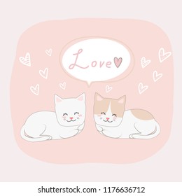 Cute adorable kitten cat couple lover pastel color cartoon doodle card background wallpaper vector eps10