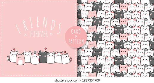 Cute adorable kitten cat friends cartoon doodle greeting card and seamless pattern bundle pastel pink background wallpaper, can use for nursery or use as wrapping paper gift