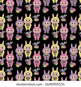 Cute Adorable Labubu pattern Among Floral Blooms for print and wallpaper monster viral seamless design