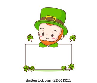 Cute Adorable Leprechaun cartoon with empty board. Hand drawn chibi character. Happy Saint Patrick's Day concept design. Isolated White background. Vector art illustration.