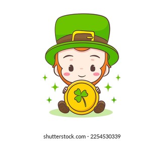 Cute Adorable Leprechaun cartoon holding big gold coin. Hand drawn chibi character. Happy Saint Patrick's Day concept design. Isolated White background. Vector art illustration.