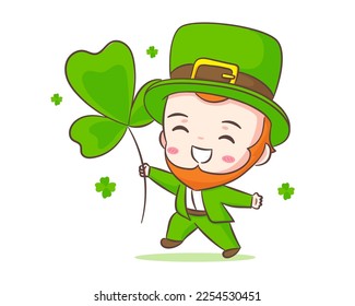 Cute Adorable Leprechaun cartoon holding clover. Hand drawn chibi character. Happy Saint Patrick's Day concept design. Isolated White background. Vector art illustration.
