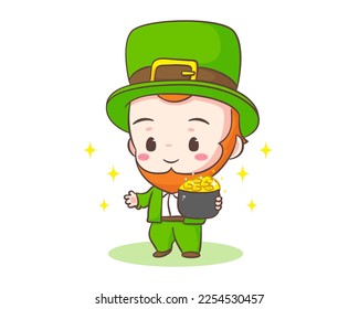 Cute Adorable Leprechaun cartoon holding a pot of gold coin. Hand drawn chibi character. Happy Saint Patrick's Day concept design. Isolated White background. Vector art illustration.