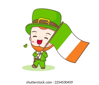 Cute Adorable Leprechaun cartoon holding flag. Hand drawn chibi character. Happy Saint Patrick's Day concept design. Isolated White background. Vector art illustration.