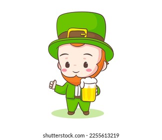Cute Adorable Leprechaun cartoon holding glass of beer. Hand drawn chibi character. Happy Saint Patrick's Day concept design. Isolated White background. Vector art illustration.