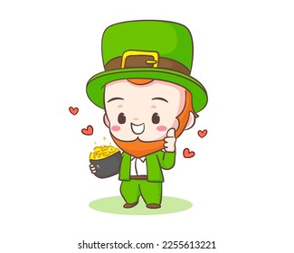 Cute Adorable Leprechaun cartoon holding a pot of gold coin. Hand drawn chibi character. Happy Saint Patrick's Day concept design. Isolated White background. Vector art illustration.