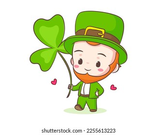 Cute Adorable Leprechaun cartoon holding clover. Hand drawn chibi character. Happy Saint Patrick's Day concept design. Isolated White background. Vector art illustration.